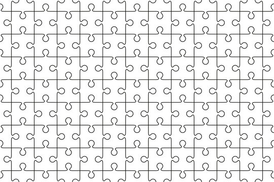 Jigsaw wrapping paper. Puzzle pieces seamless pattern. Simple mosaic layout. Laser cut frame. Outline grid template. Modern puzzle background. Thinking game with separate shapes. Vector illustration.