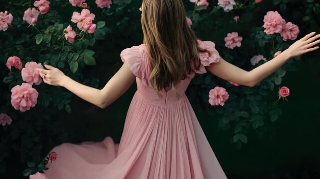 Woman wearing a long pink ruffled dress with a fitted bodice is gracefully twirling among a field of vibrant pink roses. Her hair flows freely as she dances.