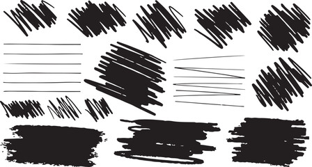 Naklejka premium Large set of black paint, ink brush, brush. Dirty element design, box, frame or background for text. Line or texture. Vector illustration. Isolated on white background.