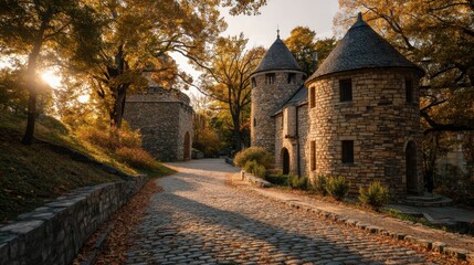 Obraz premium Cobblestone road leading to an old stone castle with autumn leaves and trees under sunlight. Historic architecture concept.