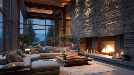 Naklejka premium Modern luxury cabin living room with large windows, ocean view, and lit fireplace. Cozy interior design for relaxation and comfort.