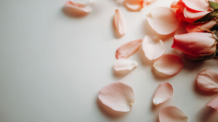 Soft pink rose petals scattered on a white surface with gentle side light, delicate textures and airy negative space. Concept: spring backgrounds for cosmetics, wellness, and lifestyle promotions
