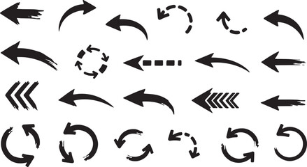 Fototapeta premium Set of black brush stroke arrows pointing in various directions, artistic design, isolated on white background