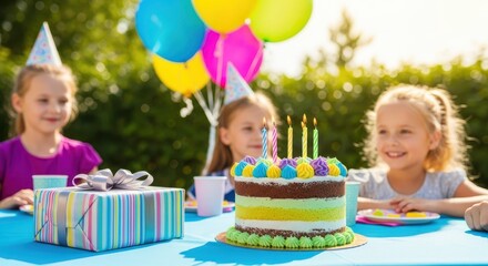Birthday Joy: Smiling children gather around a colorful birthday cake adorned with lit candles, surrounded by balloons and presents, basking in the joy of celebration.