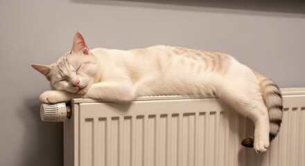 Cozy Cat: A serene moment of a domestic cat enjoying a moment of rest while lounging atop a radiator, embodying comfort and warmth.