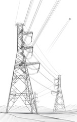 High voltage transmission systems. Electric pole. Power lines. Energy pylons. Black outlines image on white background. A network of interconnected electrical. Vector design illustration