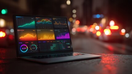 Laptop with financial data charts on screen at night. Business analysis and market statistics with bokeh city lights. Finance and investment concept.