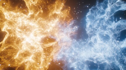 Celestial Dance: A mesmerizing display of cosmic clouds painted in warm amber and cool azure hues, sprinkled with countless radiant stars, evokes a sense of infinite wonder and the mysteries of space.