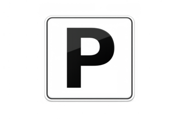 Parking sign showing letter p symbol for vehicle parking area, black and white icon on transparent background