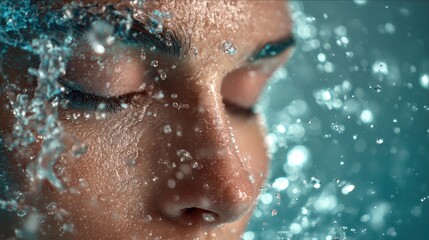 Fototapeta premium Woman with closed eye under fresh clean water stream. Skincare and beauty care concept. Cleansing with water for health and hygiene.