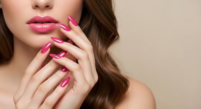 Close up of woman with soft pink manicure touching face showing elegant nail care beauty grooming and feminine style with smooth skin and natural makeup