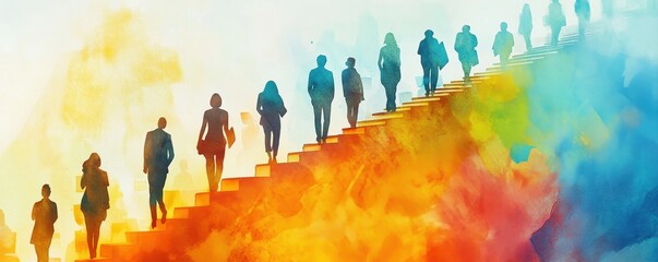 Watercolor panorama of long staircase through corporate landscape people moving upward steadily symbol planning discipline progress and sustainable business development 