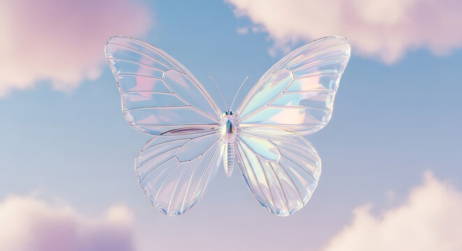 Iridescent Glass Butterfly Amidst a Dreamy Pastel Sky with Wispy Clouds