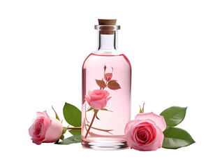 Glass bottle with pink liquid and a rose inside, surrounded by fresh pink roses