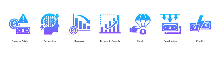Obraz premium Financial Crisis Indicators web banner vector illustration featuring Financial Crisis, Depression, Recession, Economic Growth, Fund, Devaluation, and Conflict.