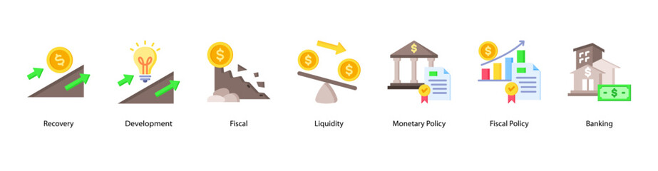 Financial Regulation and Strategy web banner vector illustration featuring Development, Fiscal, Liquidity, Monetary Policy, Fiscal Policy, Banking, and Bear Market.