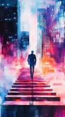 Obraz premium Watercolor scene of lone entrepreneur walking up glowing steps in modern city office dreamlike colors reflect ambition career growth resilience and future opportunity 