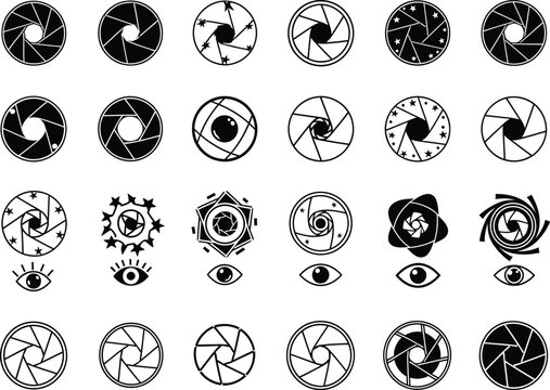 Collection of various camera shutter aperture icons and stylized eye symbols for photography and vision concepts.