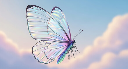 Obraz premium Ethereal iridescent butterfly with translucent wings gracefully soaring through a pastel sky with soft clouds, a symbol of transformation and beauty