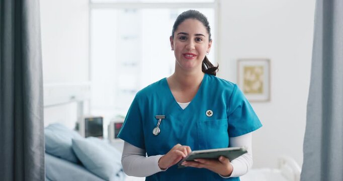 Face, happy woman and nurse with tablet in clinic for email, medical review and about us. Hospital, healthcare worker and portrait of person with technology for schedule, icu report and research