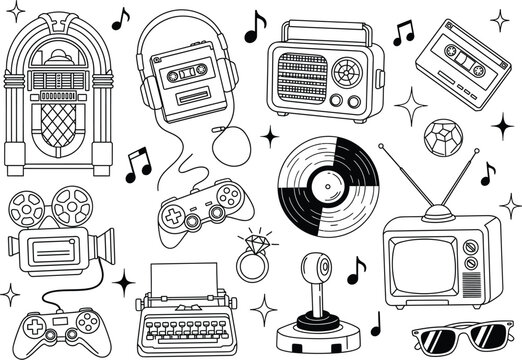 Retro electronics and nostalgic gadgets hand-drawn doodle set, jukebox, cassette tape, old TV and game controller sketches in black and white.
