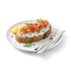 Fresh open sandwich with salmon and cream cheese dip on bread. Healthy food concept, breakfast or snack, isolated on white background. Suitable for menu, recipe, restaurant, catering.