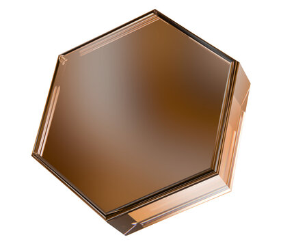 Polished Bronze Octagonal Glass Block Isolated on White Background, Abstract Luxury Geometric Display Platform.