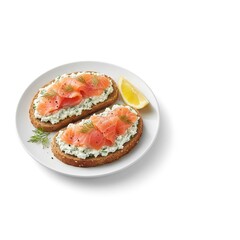 Fresh open sandwich with salmon and cream cheese dip on bread. Healthy food concept, breakfast or snack, isolated on white background. Suitable for menu, recipe, restaurant, catering.