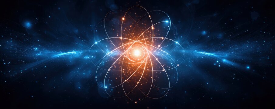 Concept of advancements in quantum computing. An abstract representation of an atom with glowing particles, set against a cosmic backdrop of blue and orange hues, symbolizing energy and the universe.