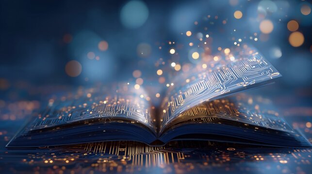 An open book with pages turning into digital circuit patterns, representing the integration of technology and knowledge in education.