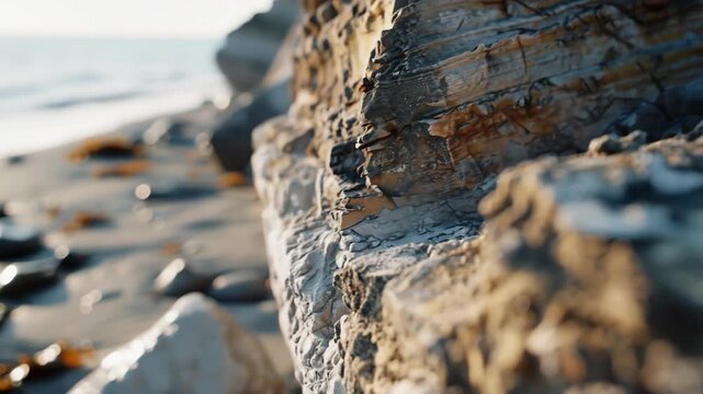 A serene coastal scene featuring a large rock on a beach with gentle waves lapping at its base.