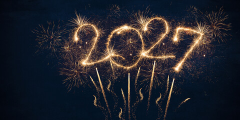 happy new year, new year's eve, silvester, new years eve, sparklers celebration greeting card, new year card - Year 2027 in sparkler font and firework fireworks pyrotechnic, blue night sky background