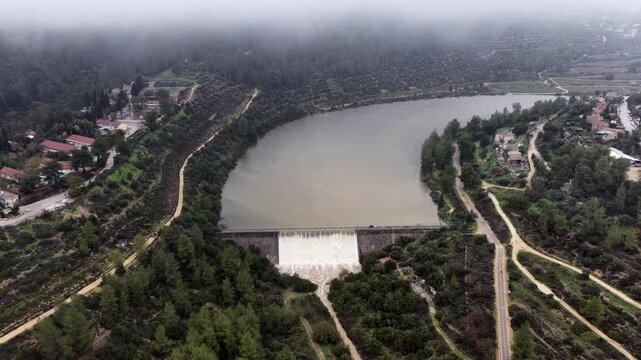 Aerial Beit Zeit dam near Jerusalem Israel reservoir

Drone footage shows Beit Zeit dam overflow near Jerusalem Israel on 20 January 2026 winter
