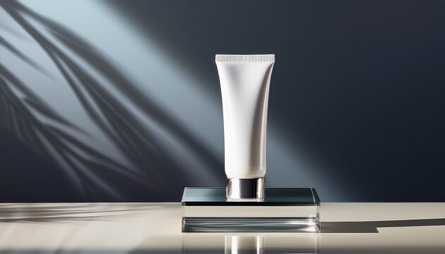 Tubo Cosmetico Blanco Con Tapa Metalica Sobre Una Base De Vidrio En Un Entorno Minimalista Con Luz Suave Y Sombras Laterales