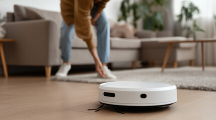 Faceless person maintaining automated vacuum cleaning device, robot care routine, household appliance maintenance, domestic technology cleaning, modern home equipment upkeep, with