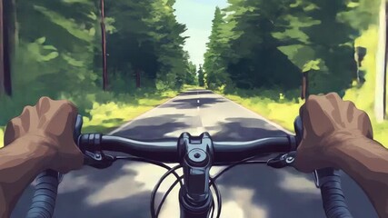 of a person riding a bicycle down a forest road, with trees on either side and sunlight filtering through the leaves above. The cyclist appears focused and is in motion.