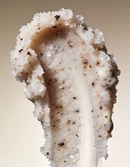 Hyper-realistic studio photography of cosmetic textures, swatch of a white sugar scrub with coffee grounds
