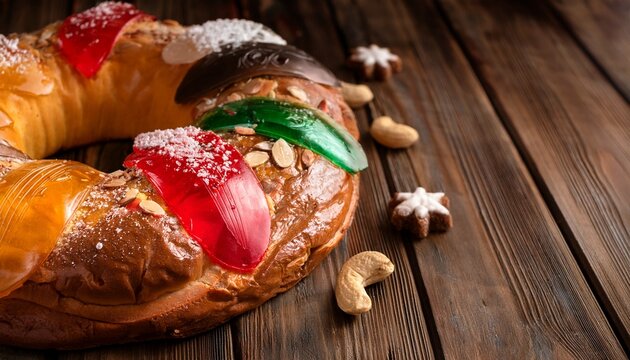 Rosca De Reyes En En Mesa De Madera Y Colores Variados