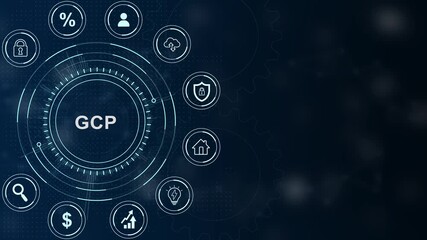 GCP concept diagram with icons representing cloud computing and business on a digital dot background, abstract circles and gears backgrounds 4K LOOP. - Powered by Adobe