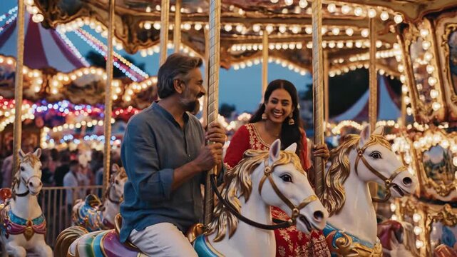 Happy Indian couple laughing and riding a carousel at an amusement park. A man and woman enjoy a romantic date on a glowing funfair ride at night. Love and togetherness concept