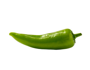 Isolated green, long, curved pepper on black background. High detail, vibrant color