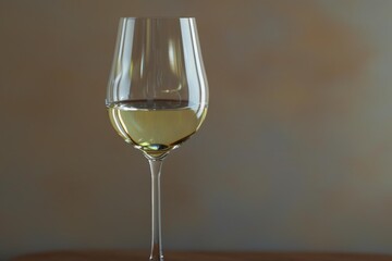 Obraz premium Crystal glass holding white wine sits on a wooden table against a blurred warm background, creating a sophisticated and inviting atmosphere
