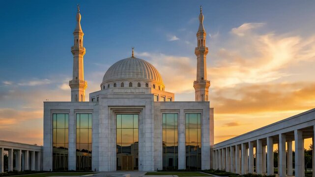 Majestic mosque with towering minarets under a serene sunset sky