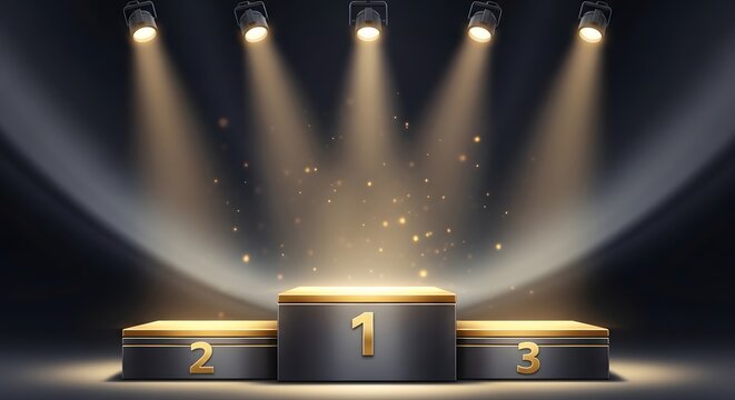 Award podium with spotlight for 1st 2nd and 3rd place winners