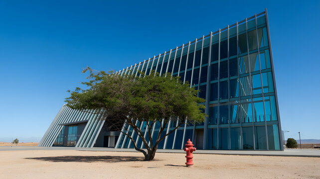 Modern glass building with tree and red fire hydrant under a clear blue sky, arid landscape.png - Powered by Adobe