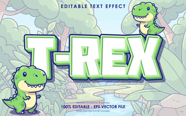 Editable text effect featuring a cute cartoon T-Rex dinosaur in a jungle setting © Re Project Studio