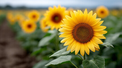 Vibrant sunflower field in full bloom under cloudy sky