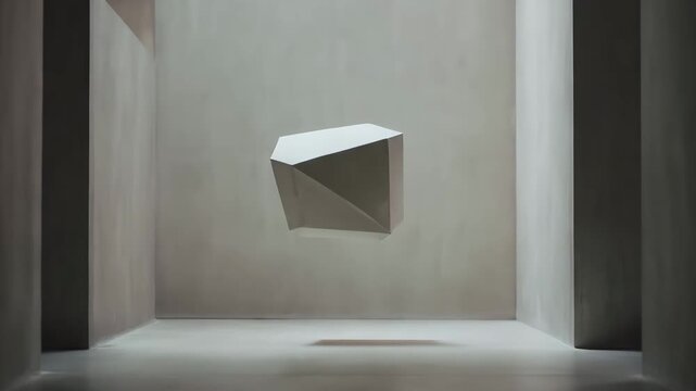 Suspended geometric object inside minimalist architectural interior space
