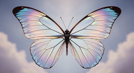 A stunningly iridescent butterfly with translucent, rainbow-hued wings gracefully flutters against a backdrop of soft, ethereal clouds