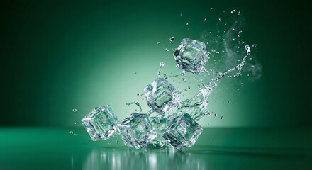 Ice Cubes Splashing Water Motion on Green Gradient Background, Dynamic Freeze Frame